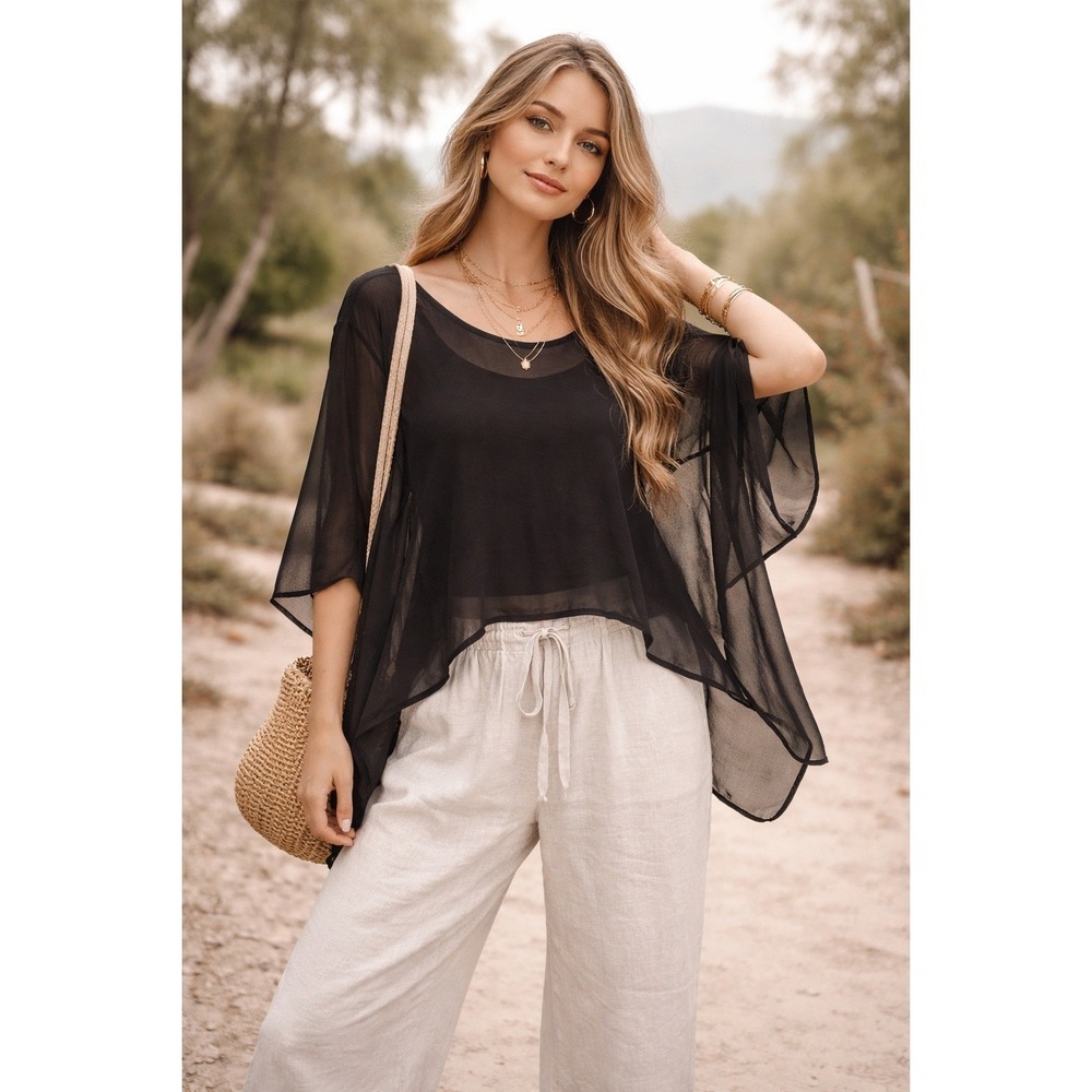 Eileen Fisher Silk Sheer Boxy Top Womens M Black Scoop Neck Luxury Lagenlook